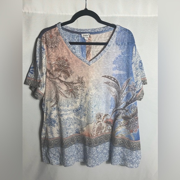 Avenue 22/24 Plus V-Neck Paisley Floral Beaded Embellished Short Sleeve Top - Picture 1 of 8